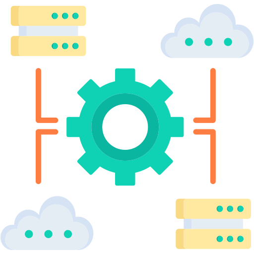 Gear icon connected to cloud servers representing AI data platforms