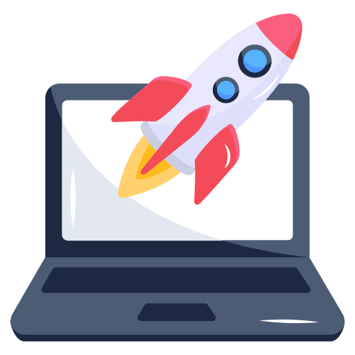 A laptop displaying a rocket, symbolizing end-to-end deployment in technology.