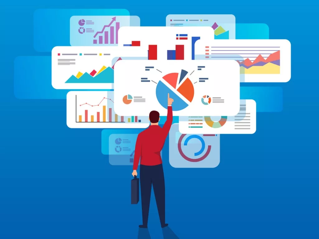 Person analyzing multiple data dashboards and charts