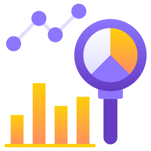 Magnifying glass over charts and graphs showing data analytics