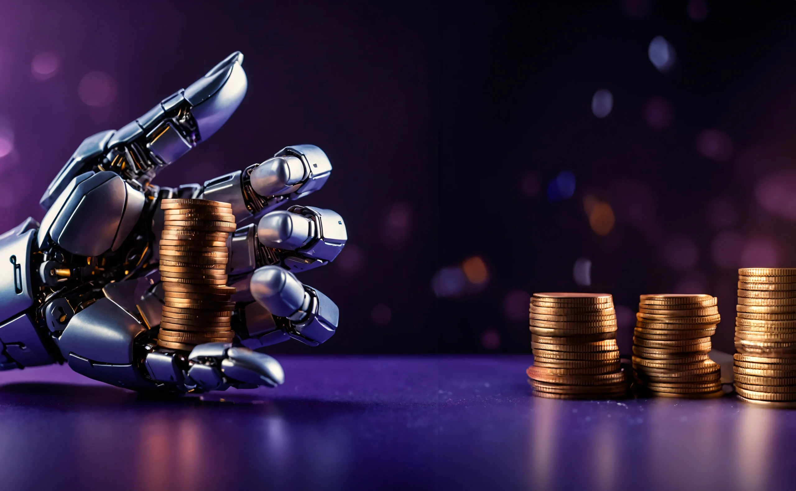 A robotic hand grasping multiple stacks of coins, symbolizing technology and finance integration.