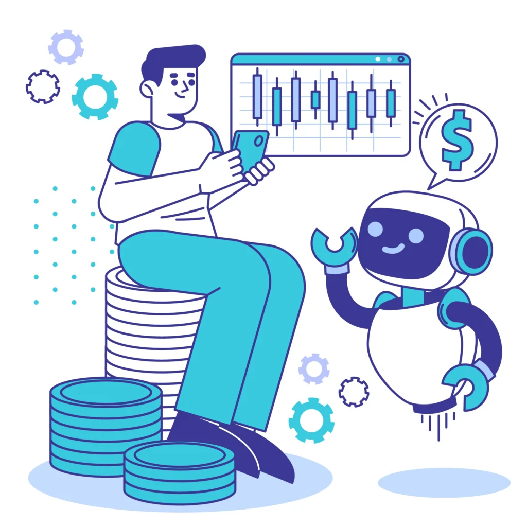 A man sits atop a stack of coins, accompanied by a robot, symbolizing wealth and technology in harmony.
