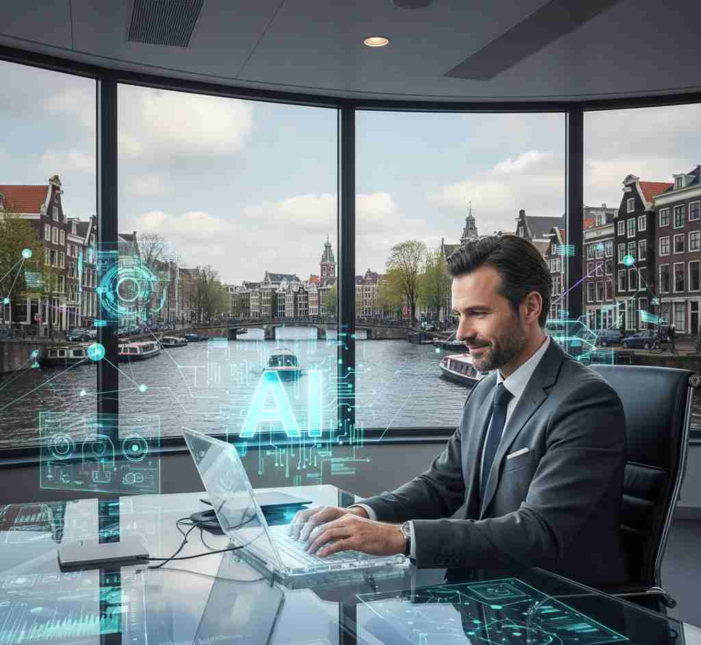 Professional working with AI technology in modern Amsterdam office