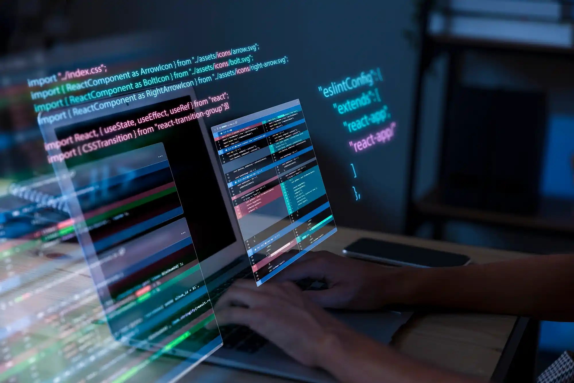 Developer coding with futuristic interface