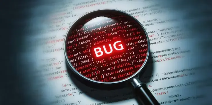 AI debugging tools detecting software bugs in code with magnifying glass