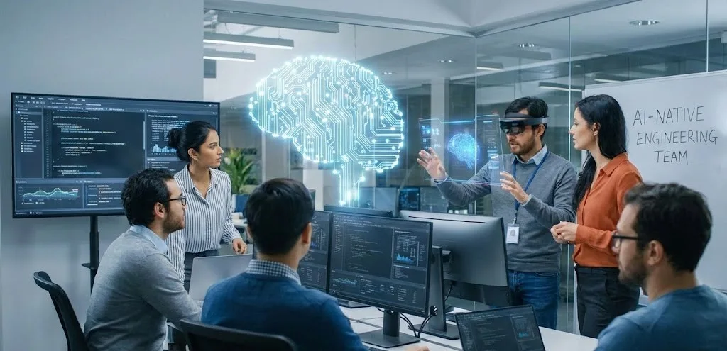 AI-native engineering team collaborating on code and data architecture with futuristic AI tools.