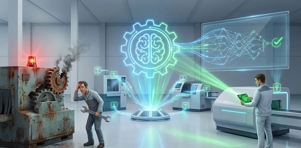 AI-powered predictive maintenance diagnosing machine failure in a factory using real-time sensor data and neural network analysis.