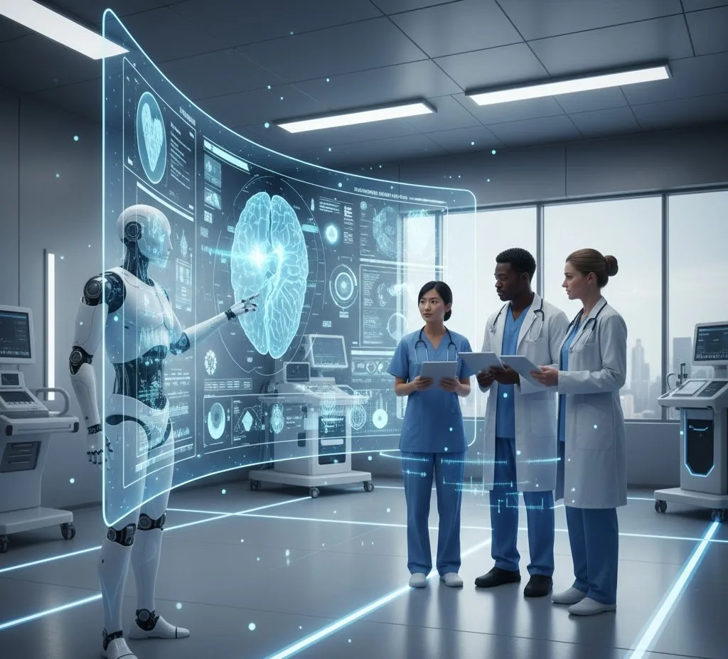 AI-robot presenteert een holografische hersenscan aan medische professionals in een moderne kliniek.