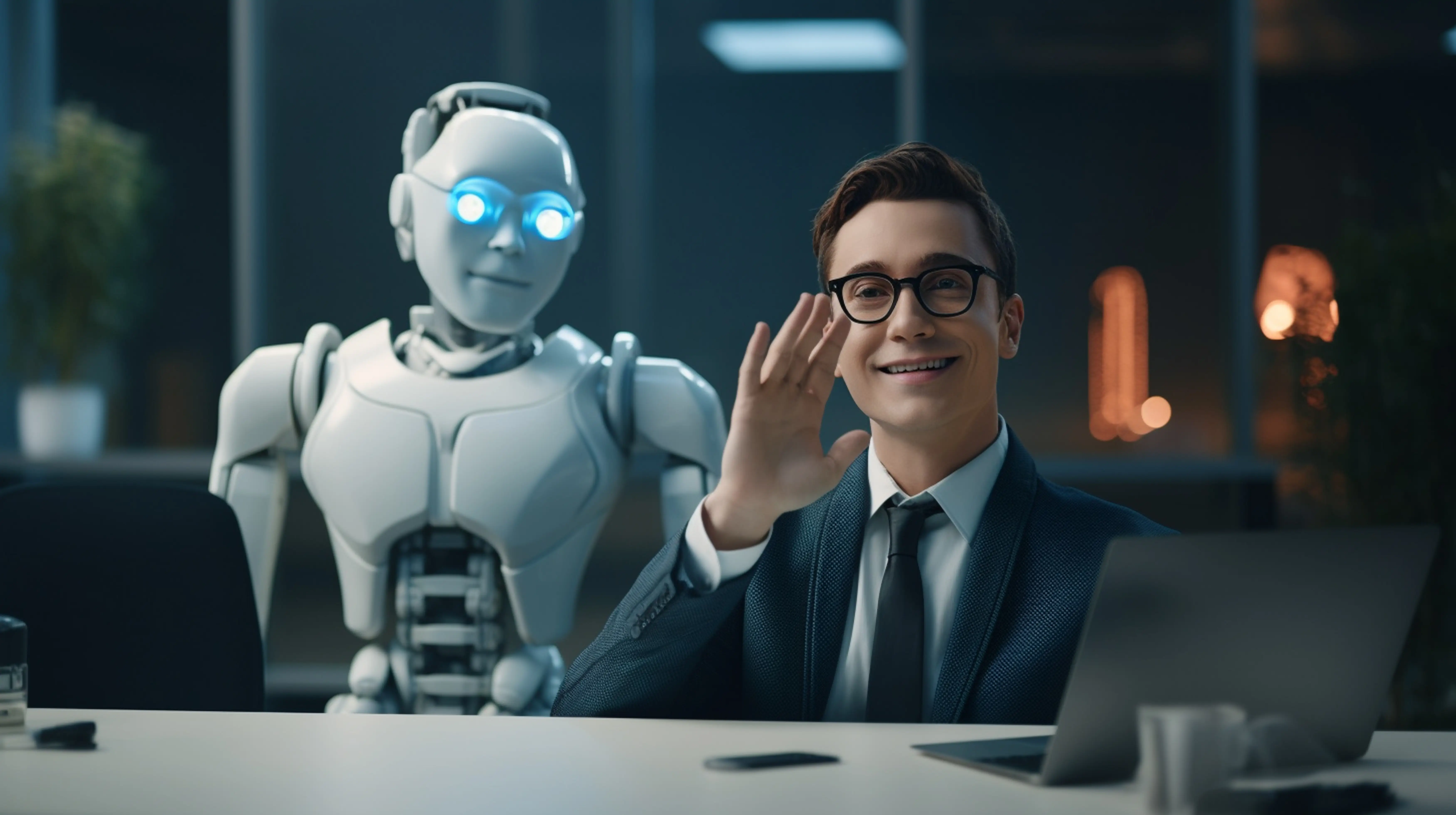 A man and a robot sitting together to provide customer service