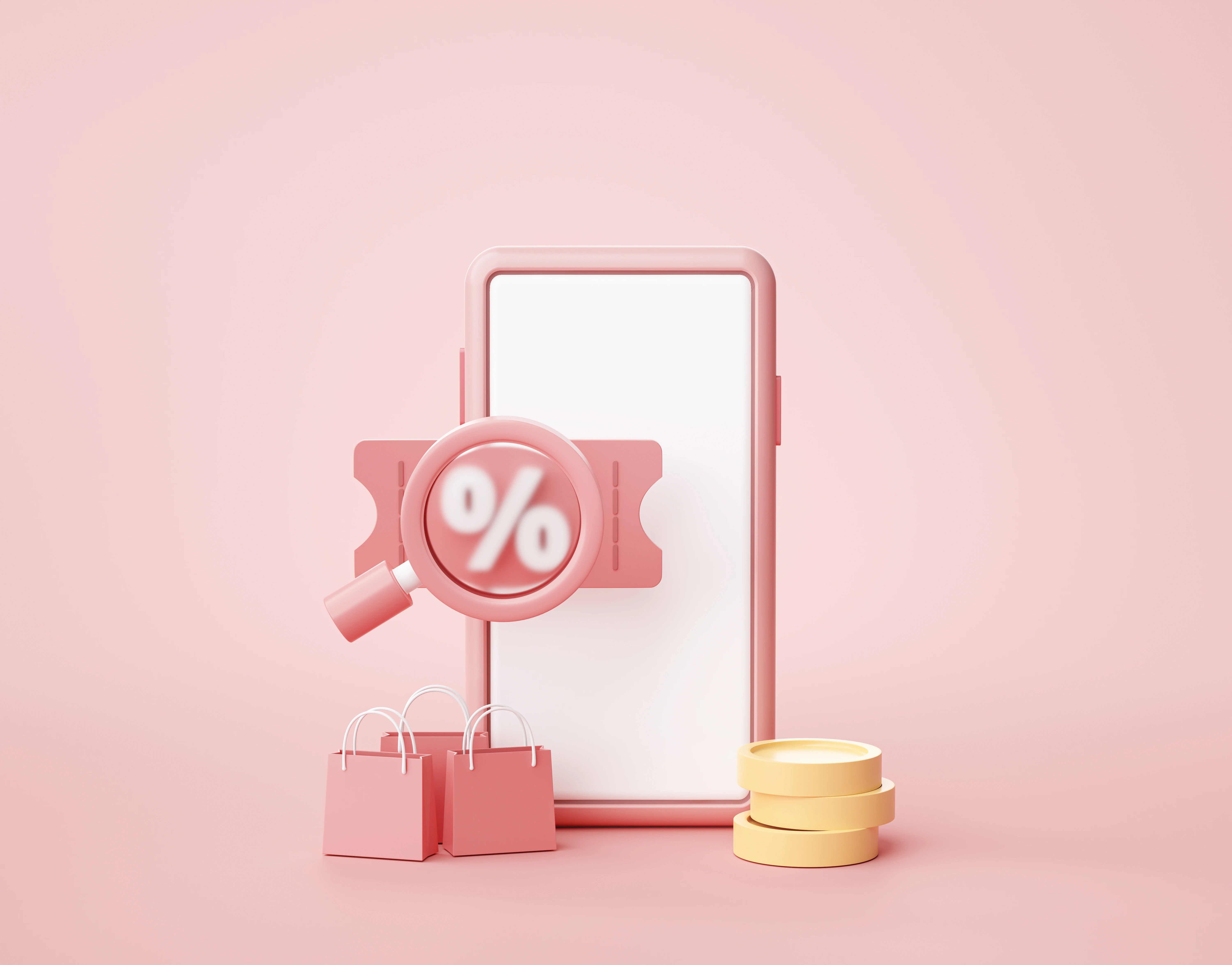 Phone with discount symbol and shopping bags