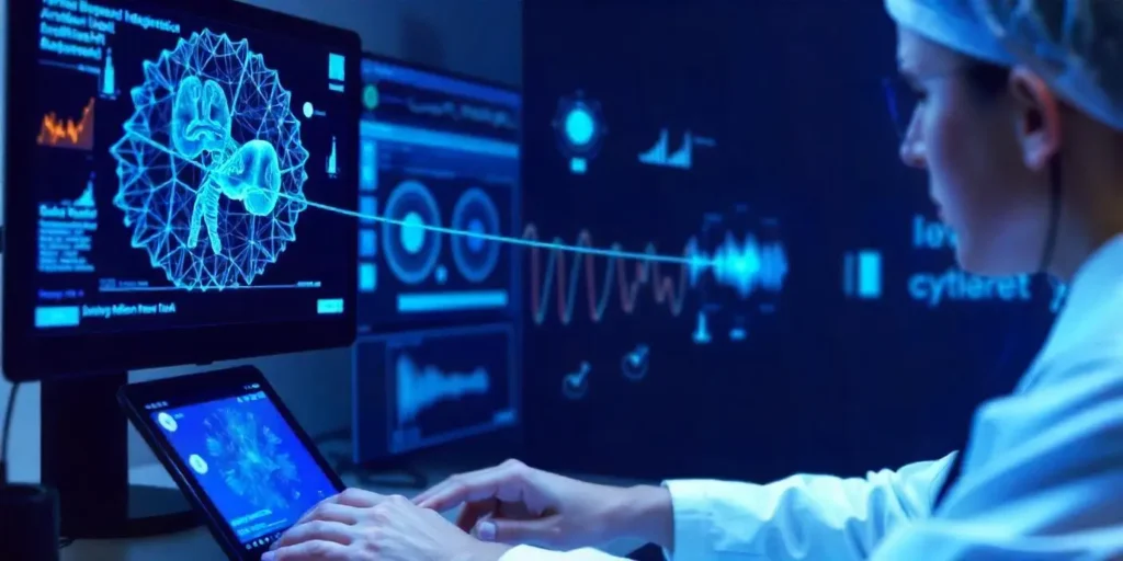 A woman in a lab coat is focused on her work while using a computer in a laboratory setting.