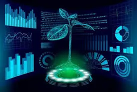 A thriving plant on a table surrounded by various graphs and charts, symbolizing growth and data analysis.