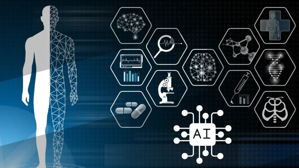 A man using a medical device, surrounded by various health-related icons representing medical technology and care.