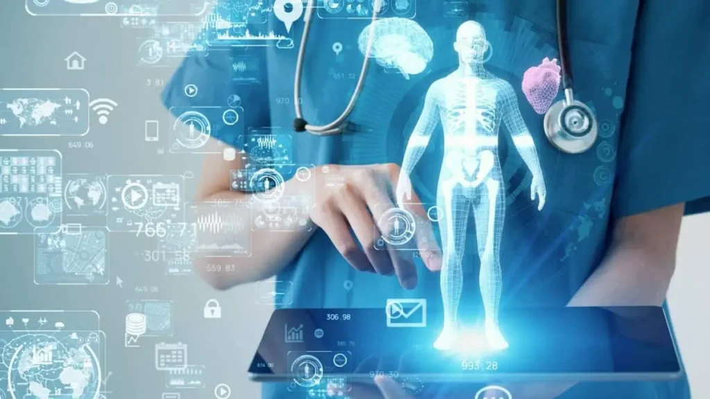 A doctor examines a digital human body displayed on a tablet, showcasing advanced medical technology and patient care.