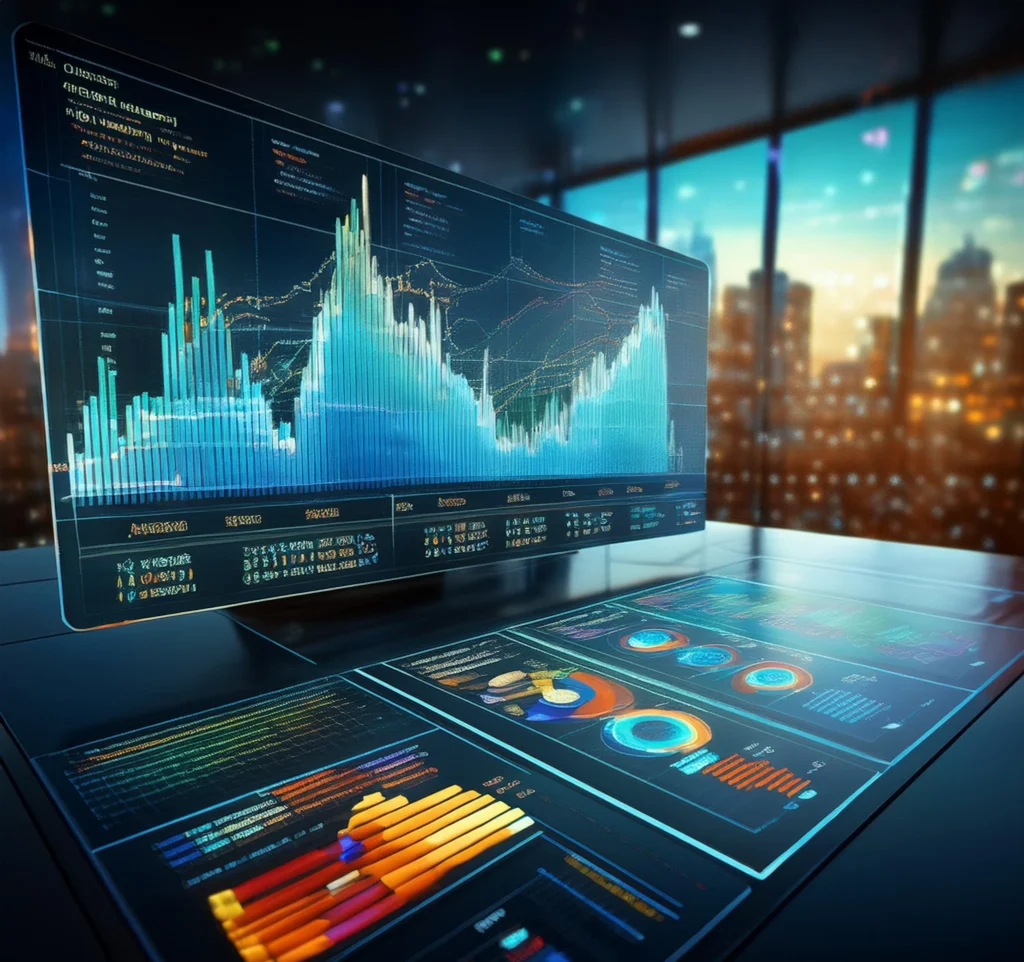A computer monitor displaying various graphs and charts for data analysis and visualization.