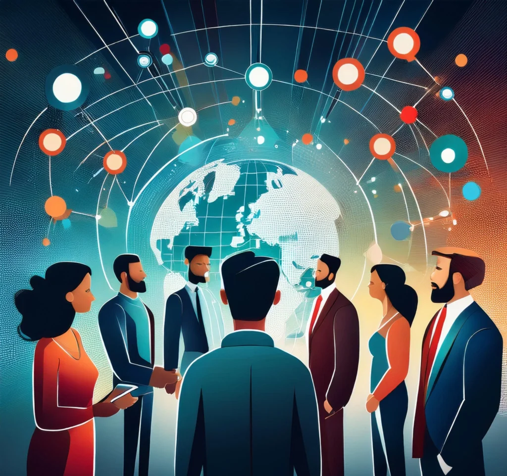Business professionals gather around a globe, surrounded by social network icons, symbolizing global connectivity and collaboration.