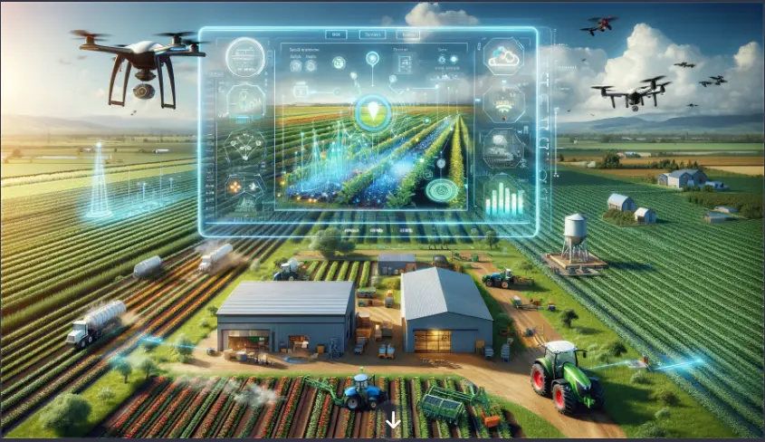 Drones surveying fields, showcasing advanced agricultural technology for efficient crop management and sustainable farming practices.