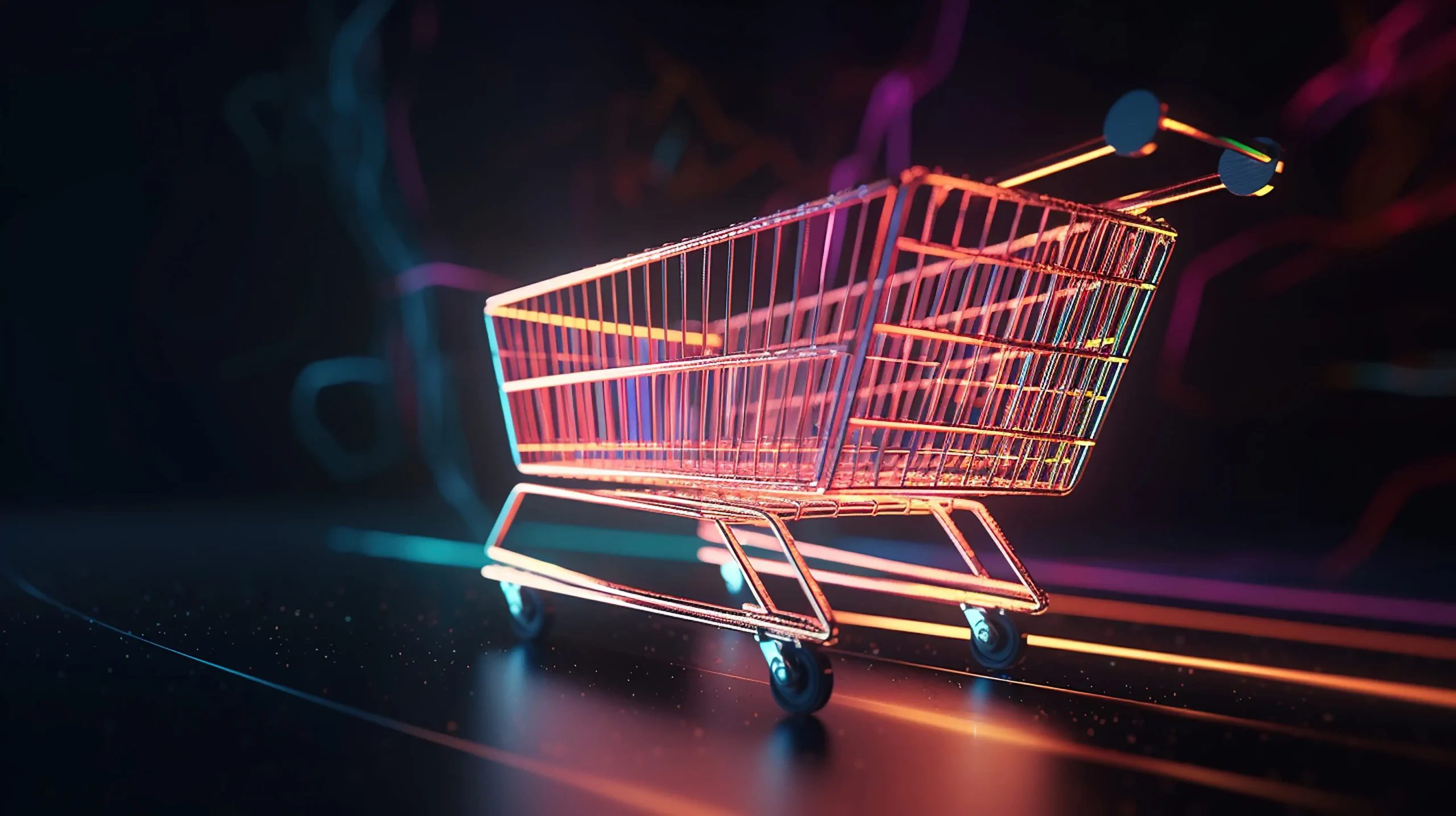  A shopping cart positioned in front of a vibrant neon light, creating a striking visual contrast.
