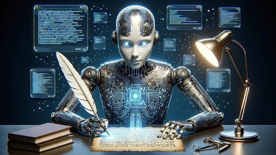 A robot diligently writing on paper with a pen, showcasing the blend of technology and creativity.