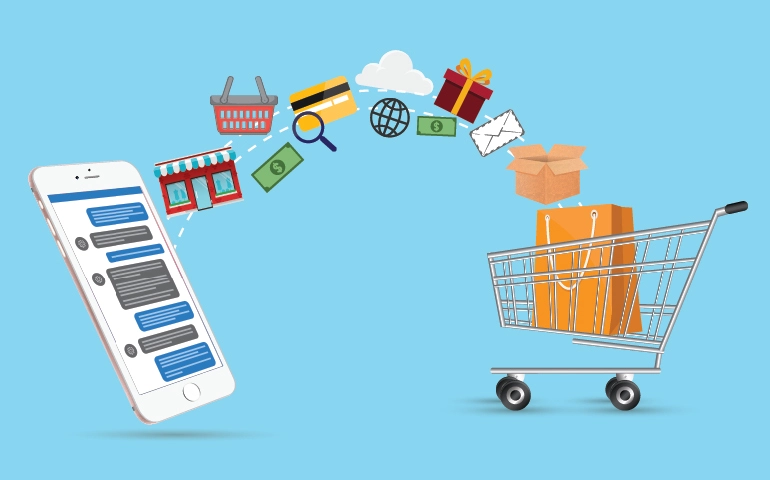 a phone and a shopping cart with a lot of items coming out of it