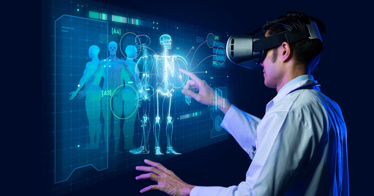 A doctor in a virtual reality headset gestures towards a screen, engaged in an immersive digital experience