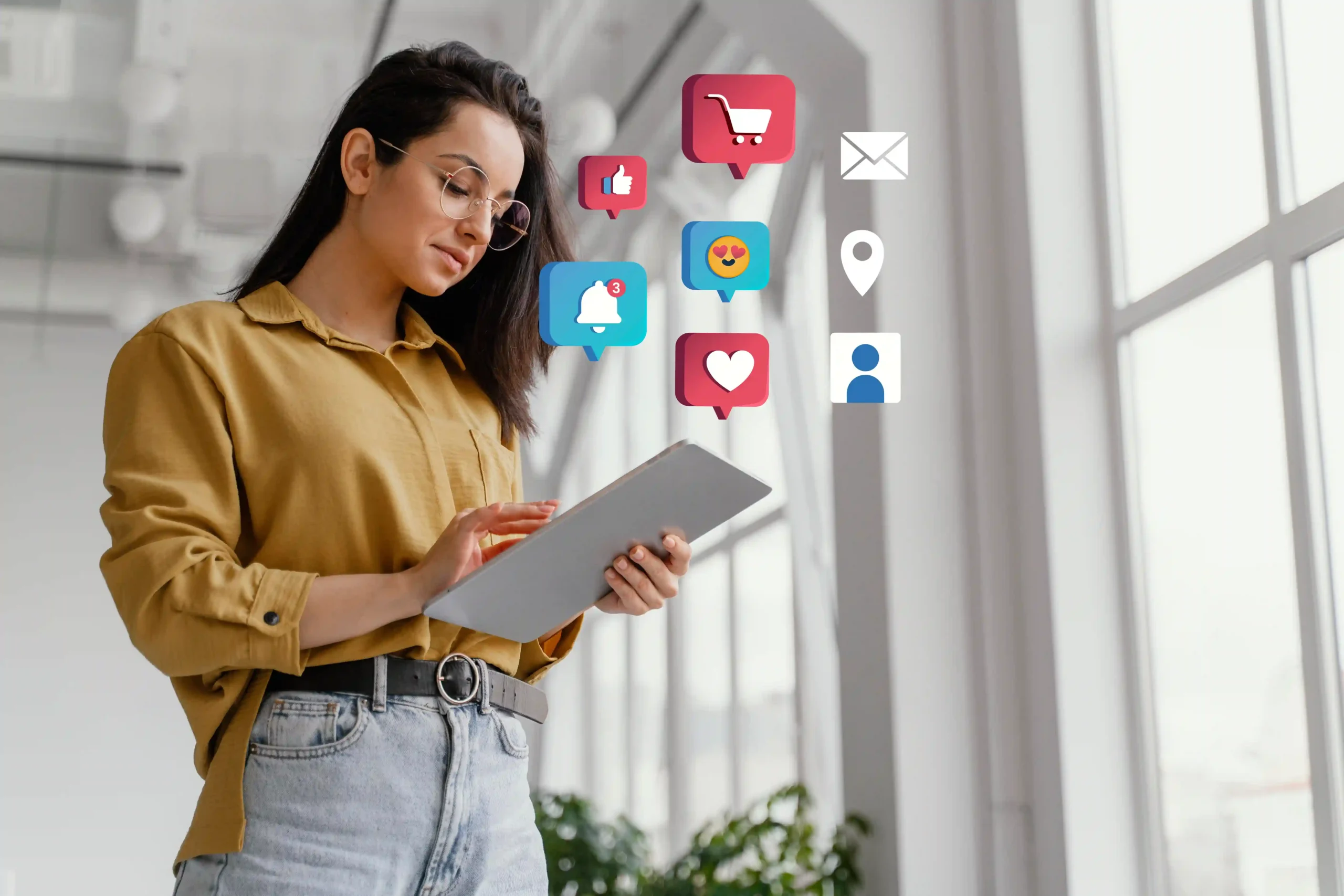 a woman holding an ipad and some social media and ecommerce icons showing digital marketing activities