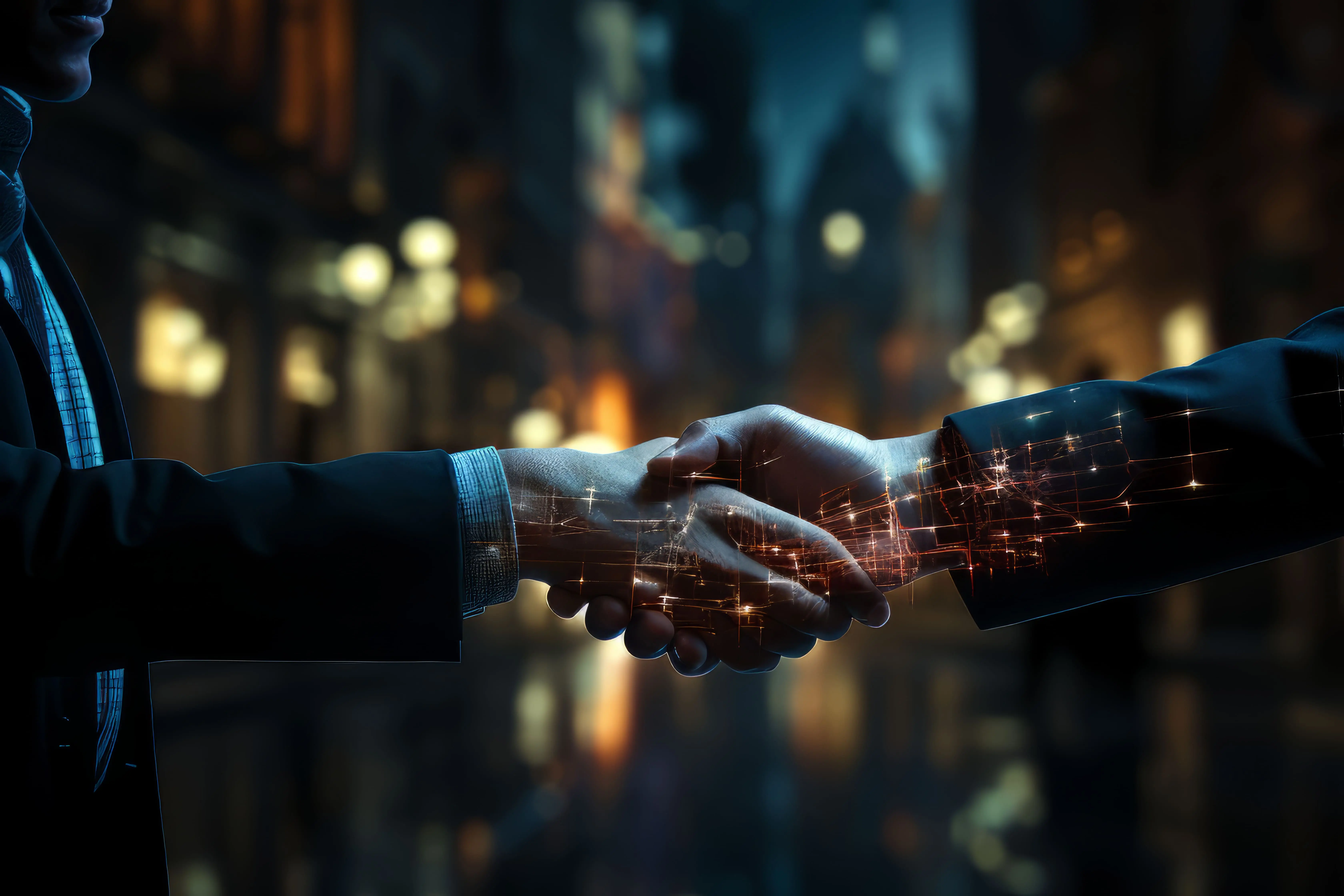 two persons shaking hands in a futuristic business scene