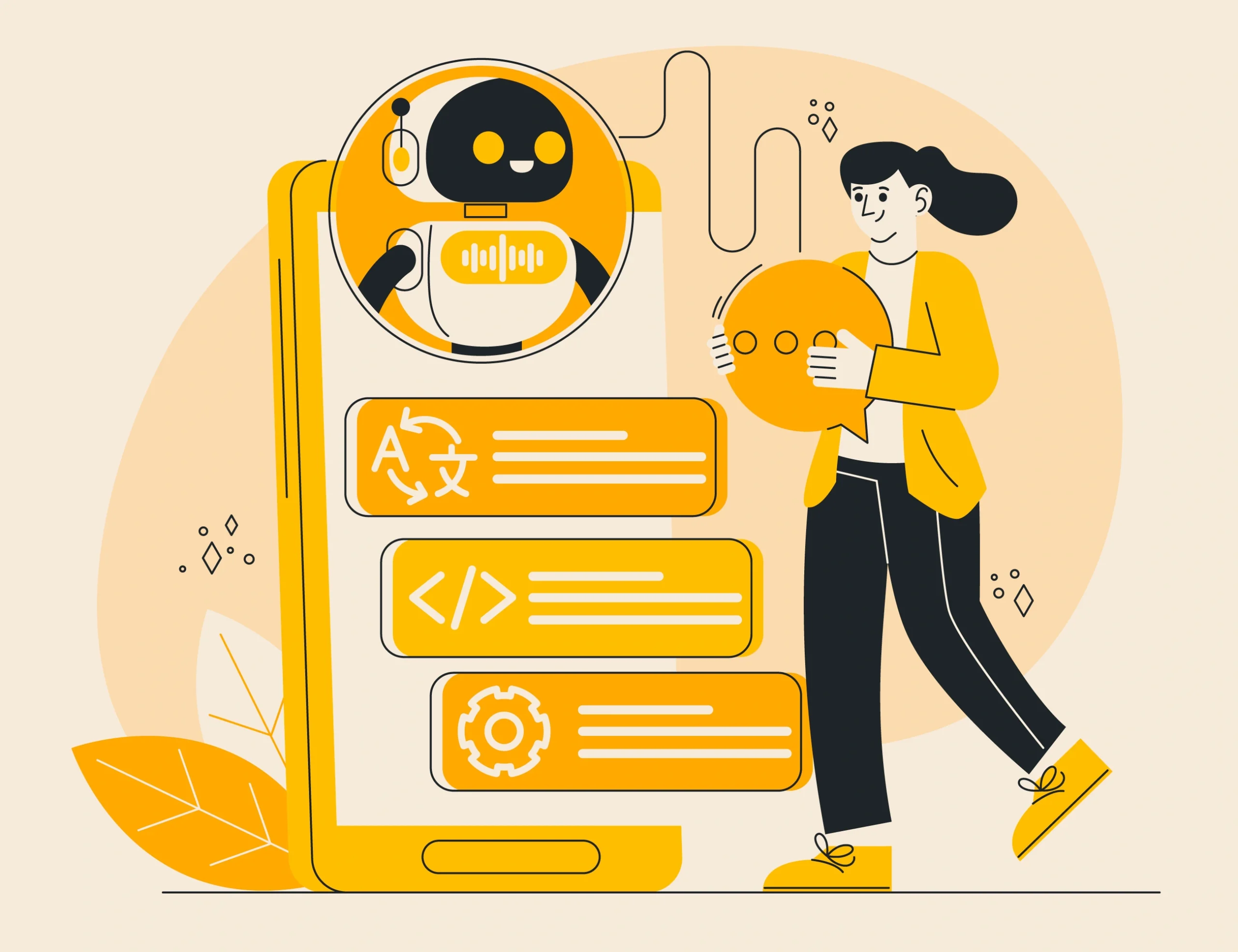 A woman holds a robot in one hand and a phone displaying a chatbot icon in the other, symbolizing technology and communication