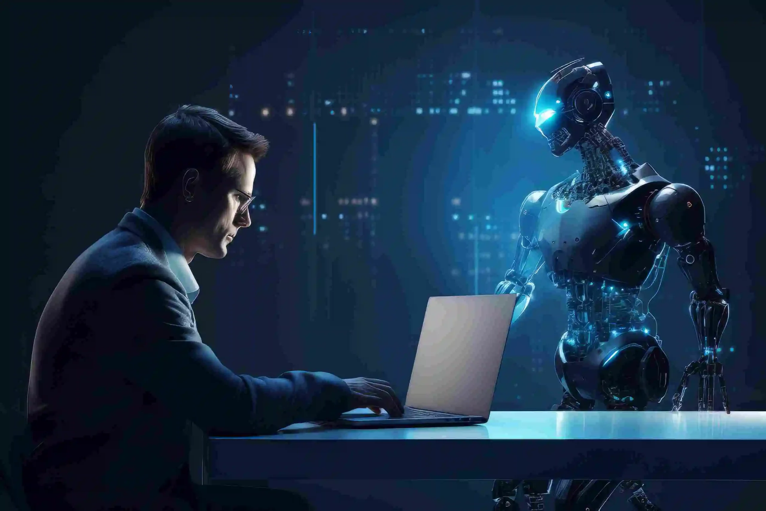 AI robot assisting a legal professional on a laptop in a futuristic office setting, symbolizing collaboration in legal tech.