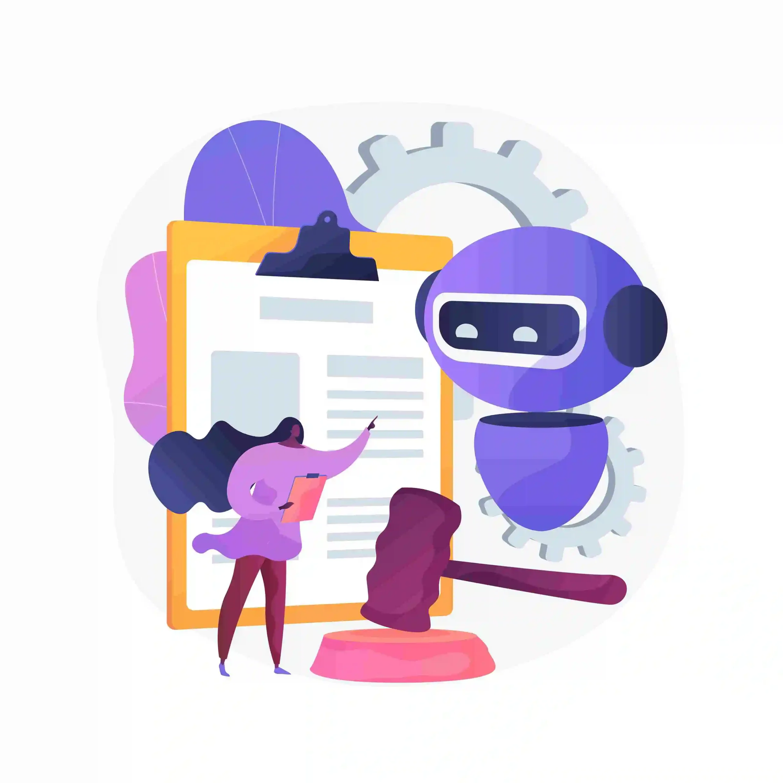 Illustration of a robot helping a human with legal document analysis and compliance, highlighting AI integration in legal services.