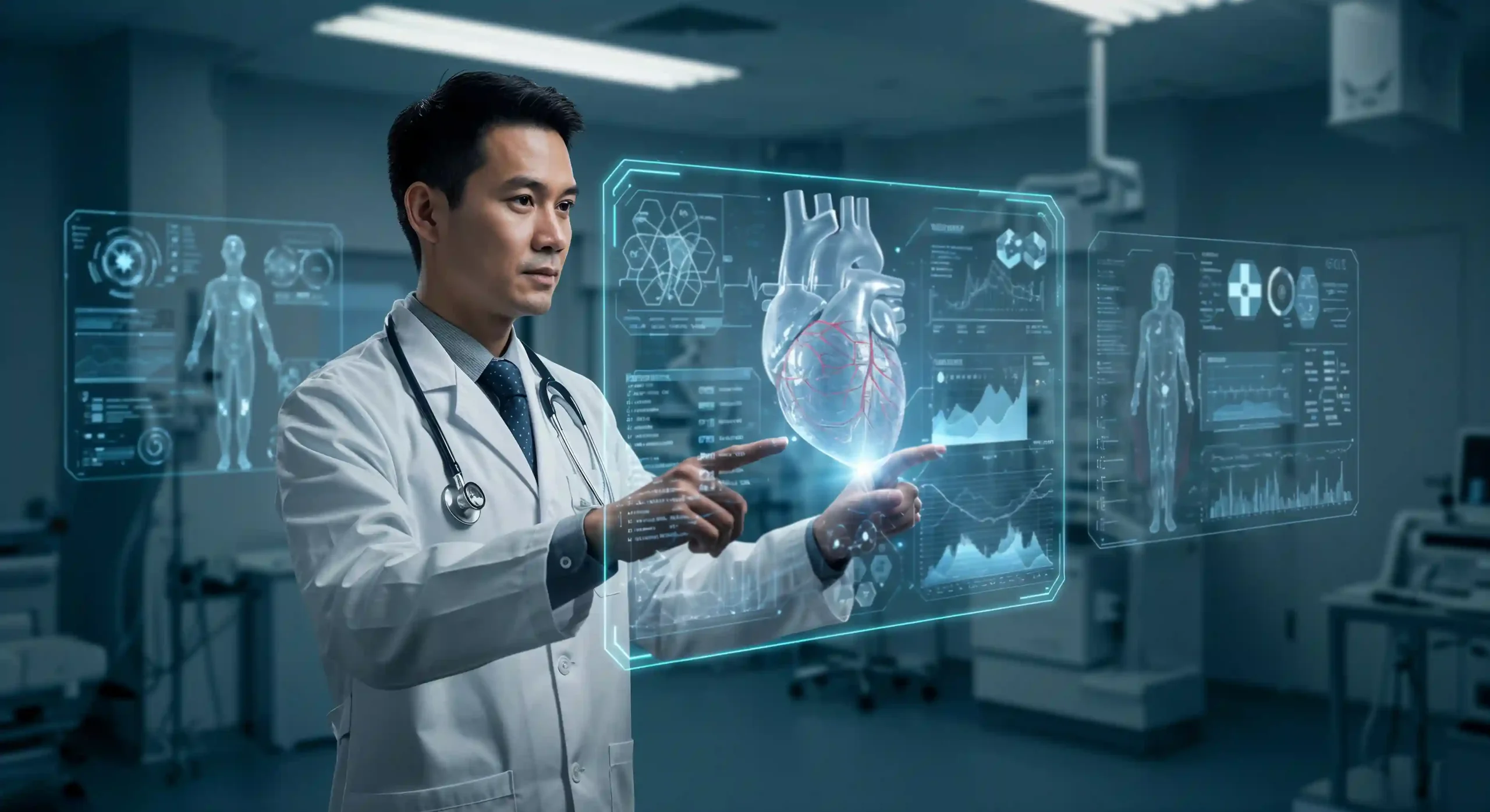 Doctor interacting with AI-powered holographic heart display in a high-tech medical lab.