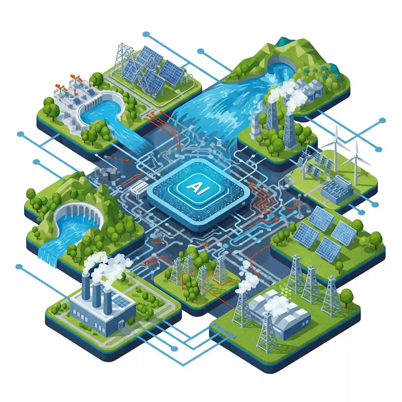Interconnected smart grid network powered by AI, integrating traditional and renewable energy sources.