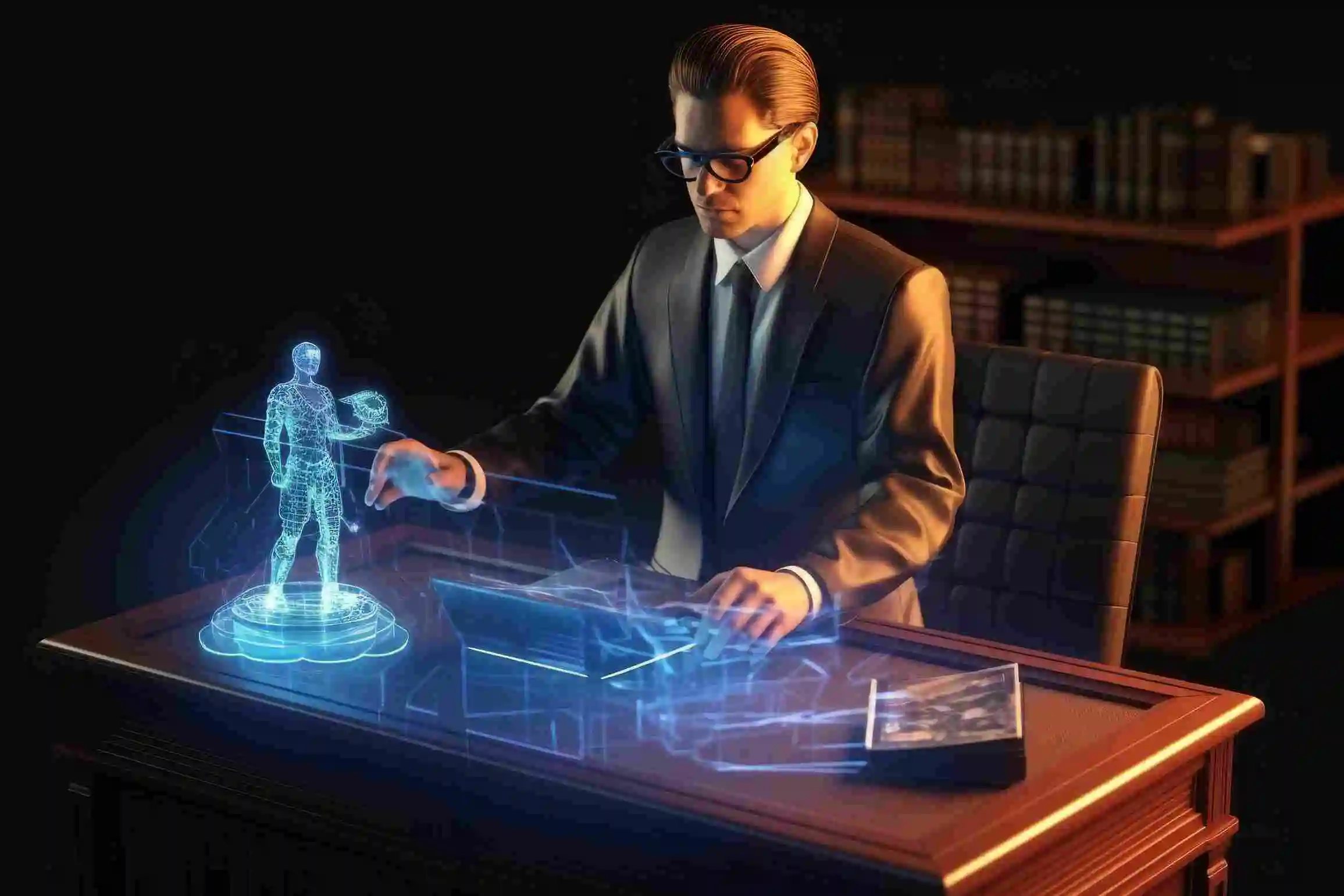 Legal professional interacting with a holographic AI interface for document review and case assessment.