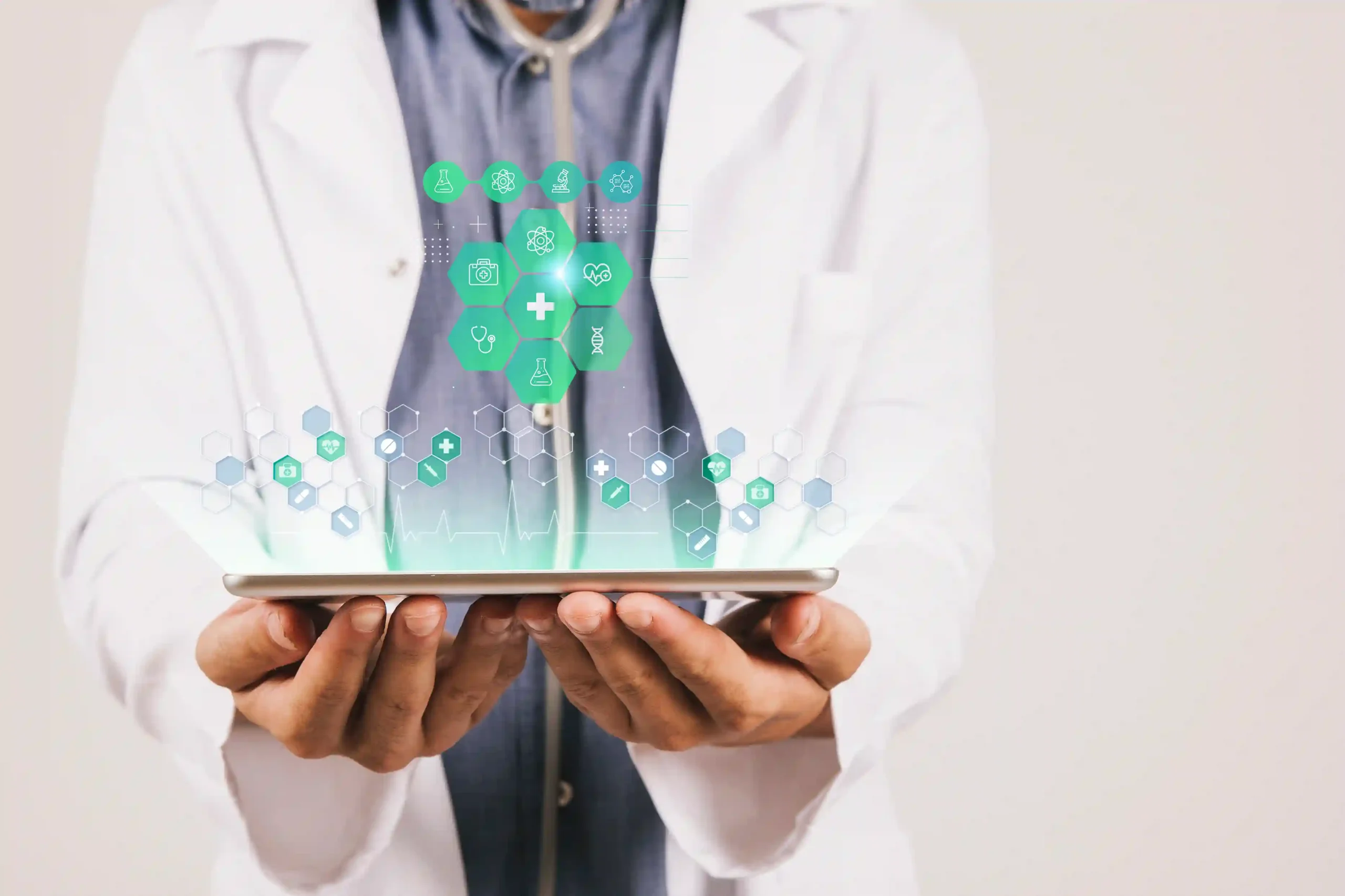 Doctor holding a tablet showing AI-driven medical icons and digital health data.