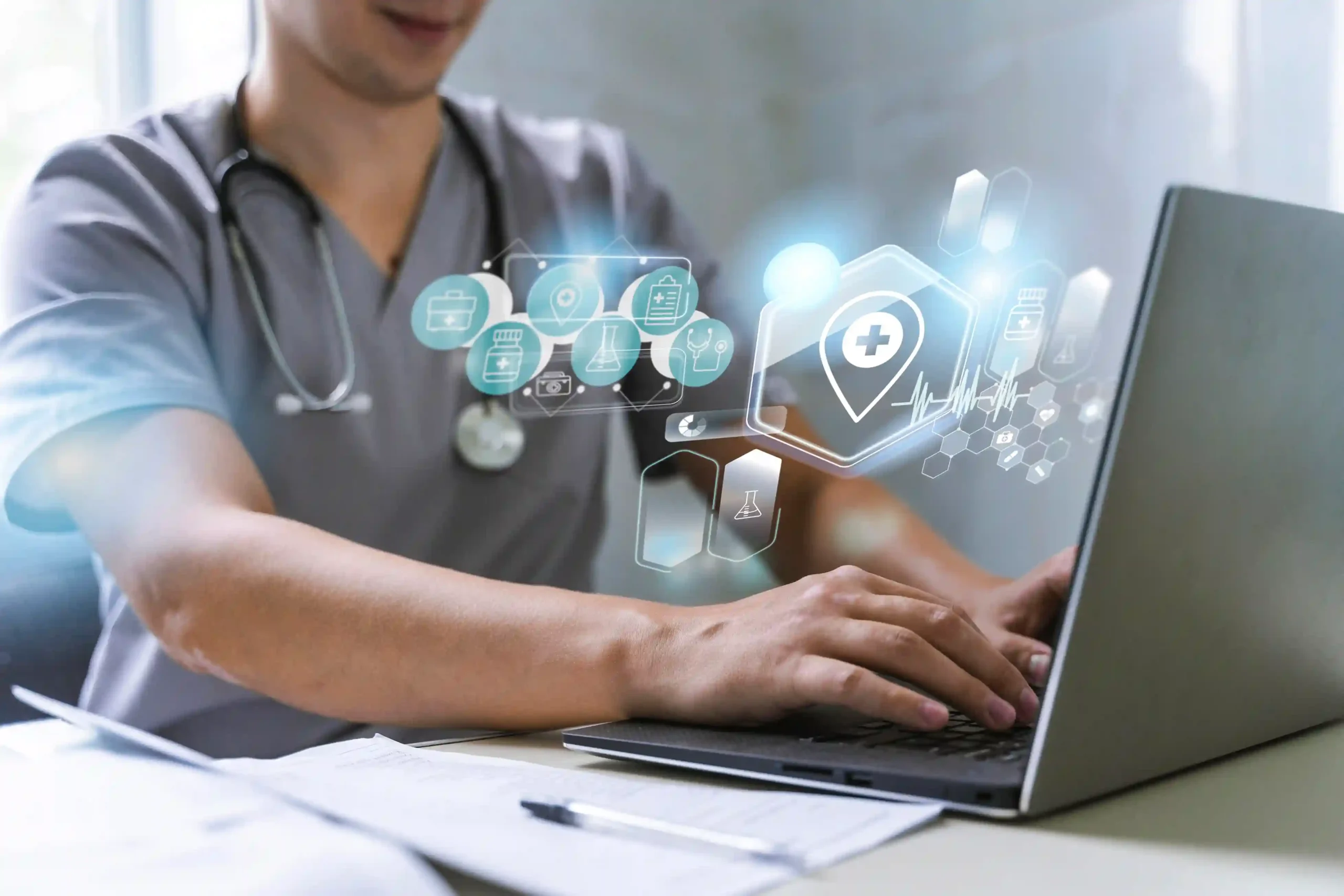 Healthcare professional using a laptop with AI-generated medical and logistics icons.