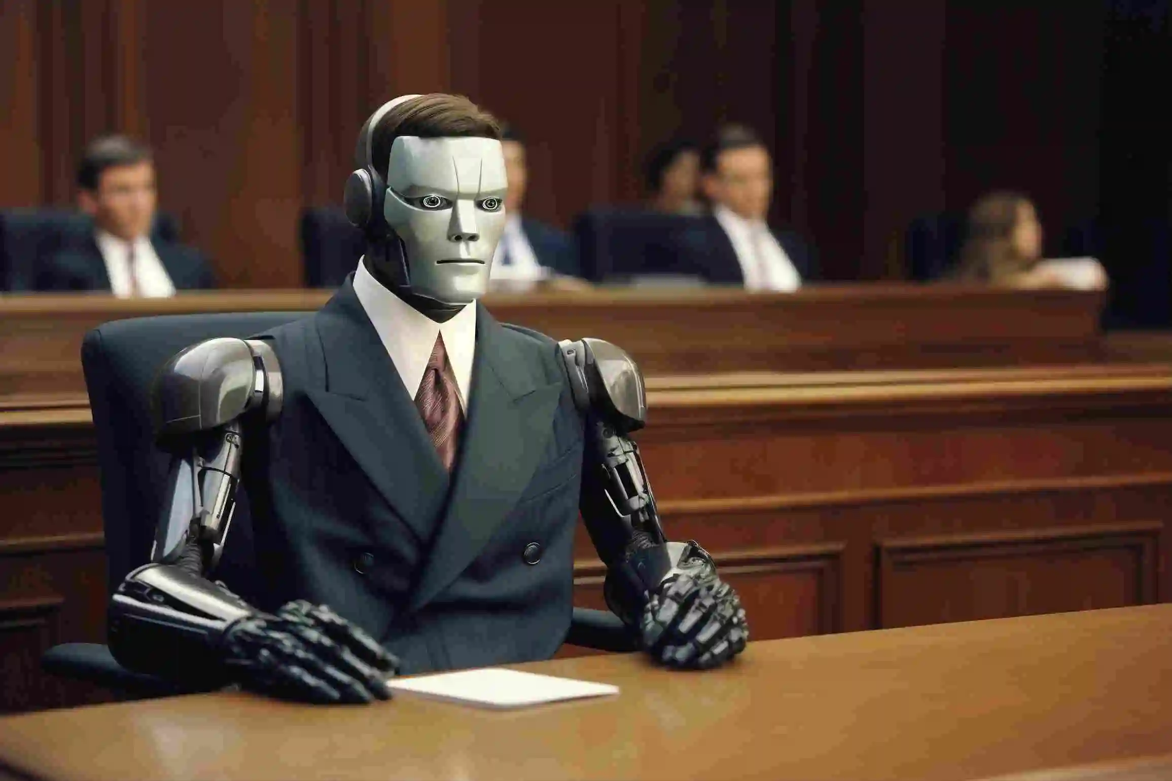 AI robot dressed as a lawyer sitting in a courtroom, representing the future of AI in legal decision-making and risk analysis.