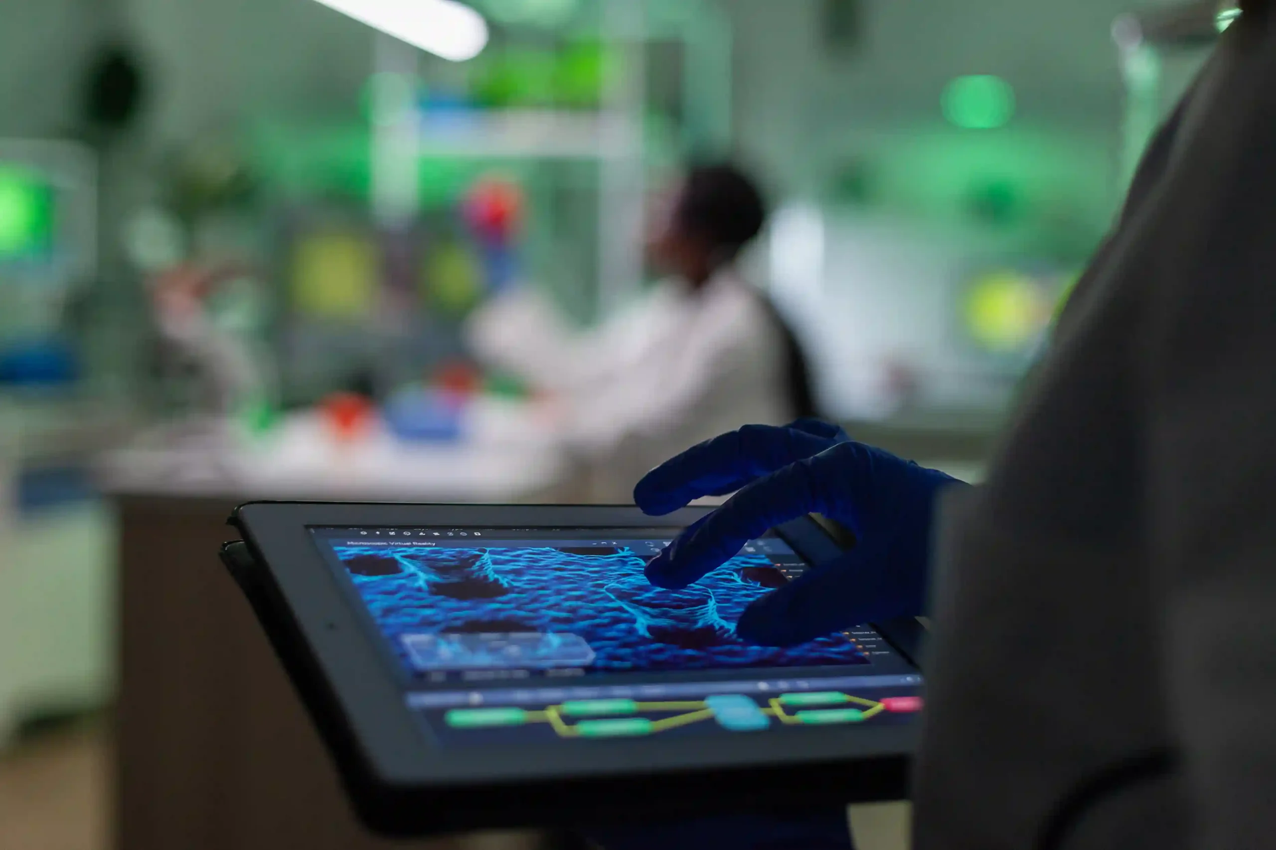 Scientist analyzing genetic data on a digital tablet in a futuristic lab setting.