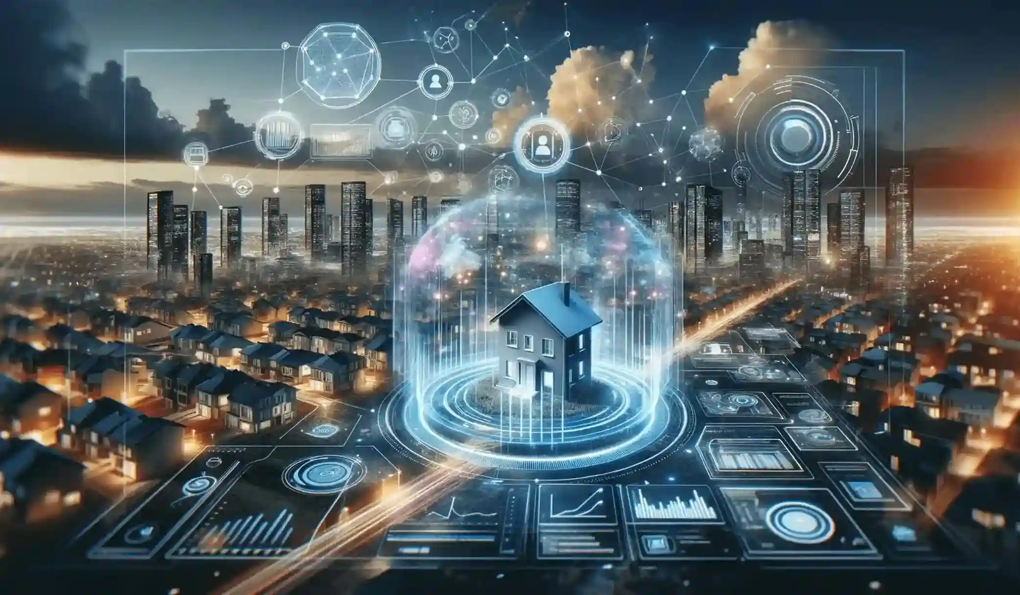 Futuristische smart city bij zonsondergang met een centraal huis in een digitale koepel