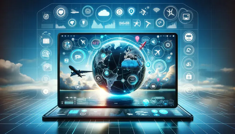 AI-gestuurde reisinterface met een 3D-wereldbol met vluchtroutes en slimme reispictogrammen op een laptopscherm.