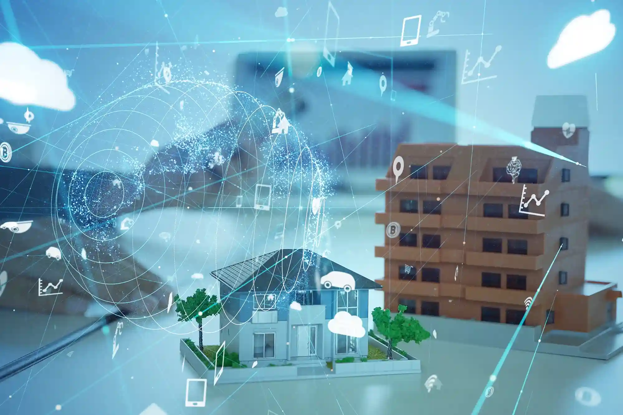 Futuristische digitale interface die een smart home en appartementsgebouw overlapt