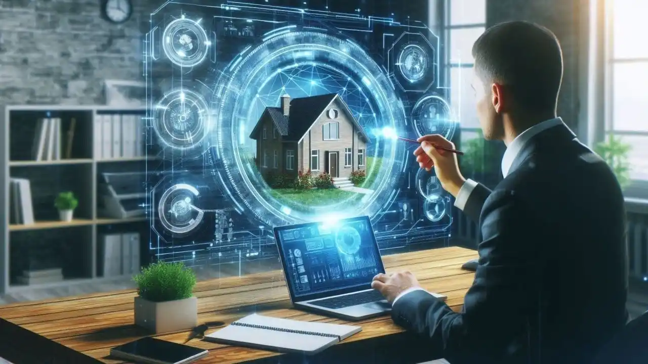 Zakenman analyseert een digitaal 3D-model van een huis op een futuristische holografische interface