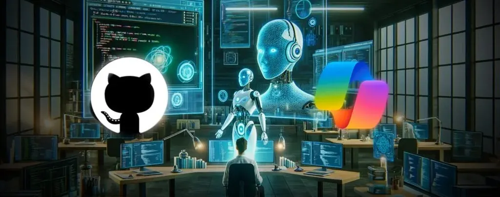 Ontwikkelaar gebruikt GitHub Copilot AI in een futuristische werkruimte met robots en holografische codeer schermen
