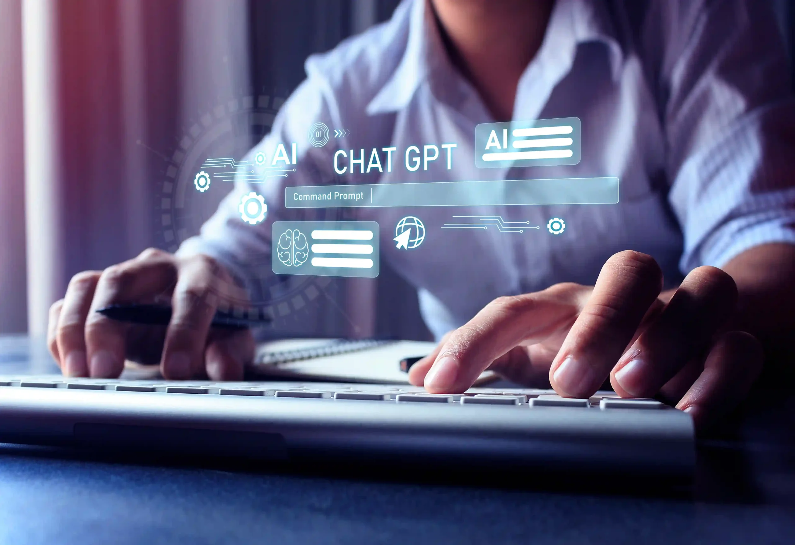 Typing on keyboard with ChatGPT 5 AI command prompt