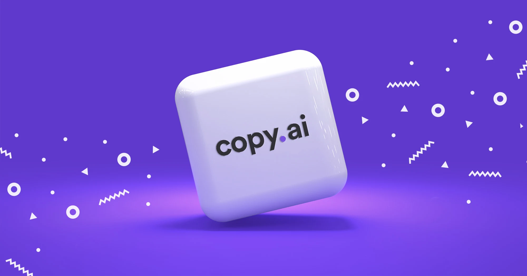 Copy.ai logo op een zwevend 3D blok met een levendige paarse achtergrond en geometrische ontwerpelementen