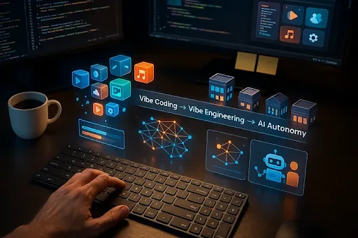 Autonome AI-codeer agenten, gevisualiseerd als futuristische bots en neurale netwerken die softwareontwikkeling automatiseren.