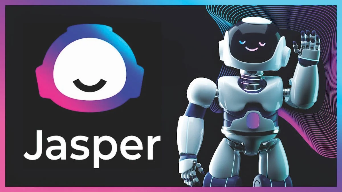Jasper AI-logo met een vriendelijke robot mascotte die zwaait, die staat voor AI-content generator en copywriting tool.