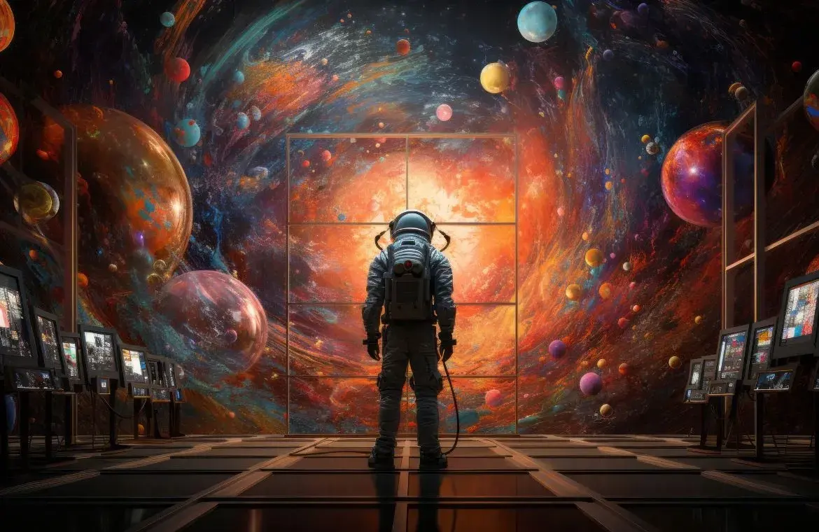 Astronaut in een futuristisch ruimtestation die een kleurrijke melkweg observeert, symbolisch voor AI-gestuurde ruimteverkenning.