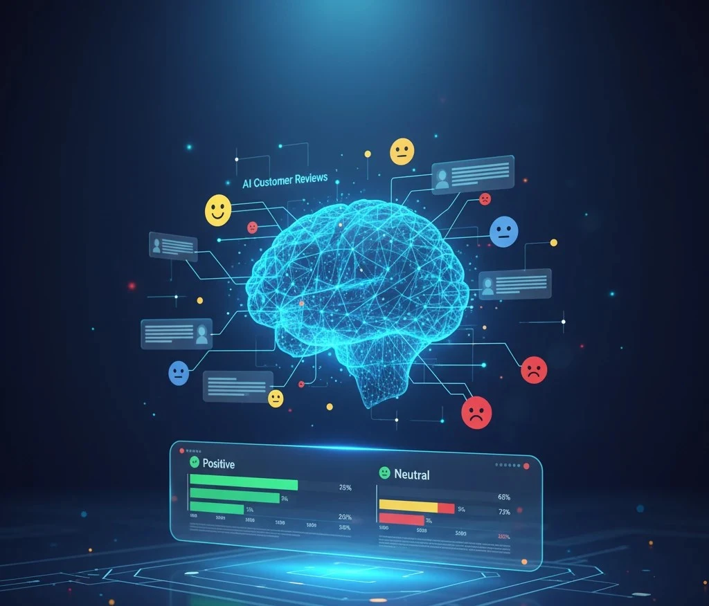 AI-brein analyseert de sentimenten van klantbeoordelingen op een dashboard met staafdiagrammen.