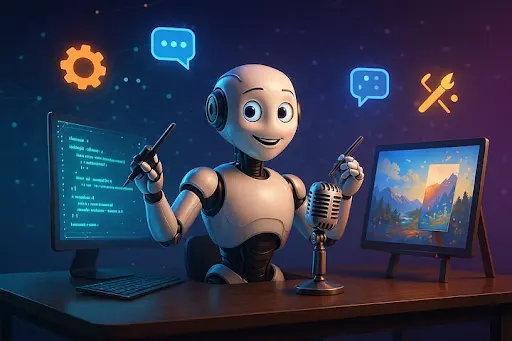 Man die toezicht houdt op meerdere AI-bots die financiële en e-commerce taken uitvoeren, wat staat voor efficiënte low-code ontwikkeling.