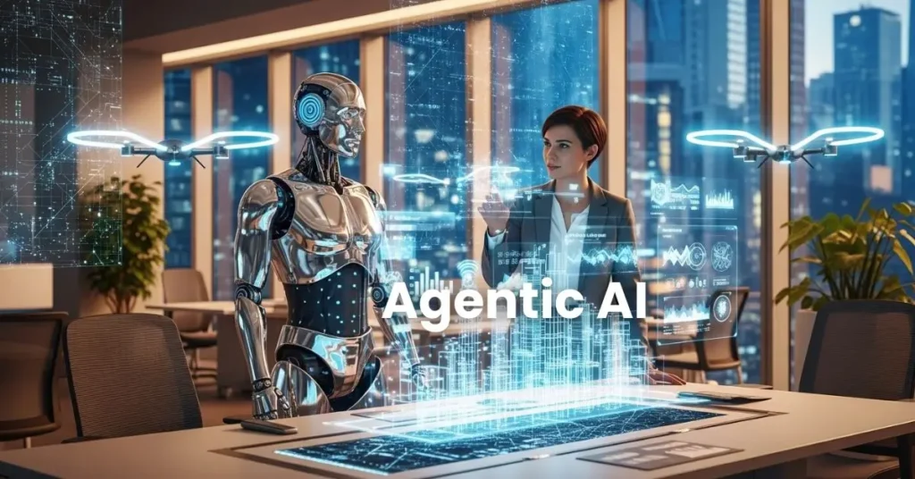 Cyborg en zakenman communiceren met een hologram van “Agentic AI” in een kantoor.